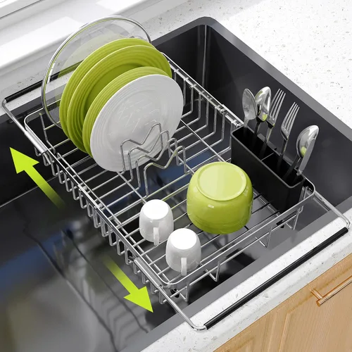 Miniatura 9 de Estante de secado de platos sobre el fregadero, expandible, pequeño, negro, escurridor para secar para la encimera de la cocina, metal de acero