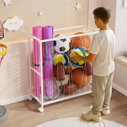 Miniatura 5 de Homsorout Cesta de almacenamiento de bolas, carrito de pelotas deportivas rodantes, organizador de garaje de metal, almacenamiento de canasta