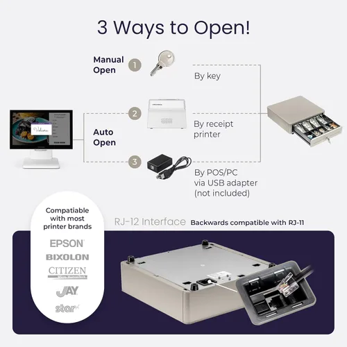 Miniatura 4 de Volcora Cajón de caja registradora para sistema de punto de venta (POS) con esquina redonda de 13 pulgadas, bandeja extraíble para monedas, 4 Gris