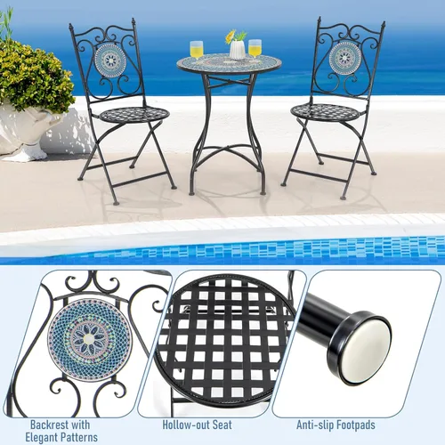 Miniatura 5 de Giantex Juego de 2 sillas plegables para patio, sillas bistró de mosaico con respaldo y asiento redondo, marco de metal resistente, capacidad de 330