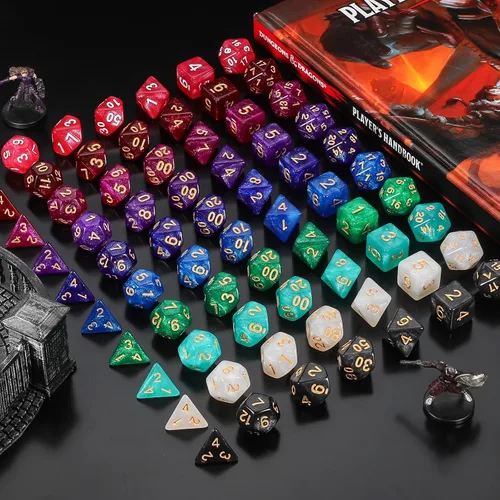 Miniatura 5 de QMay Juego de dados DND 10x7 (70 piezas) Dados poliédricos para mazmorras y dragones D&D RPG MTG Juegos de rol con 1 bolsa con cordón