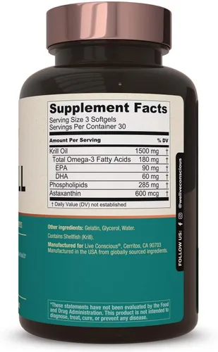 Miniatura 3 de Live Conscious KrillWell, apoyo cognitivo y articular Aceite de krill sostenible certificado 2 veces más efectivo que el aceite de pescado