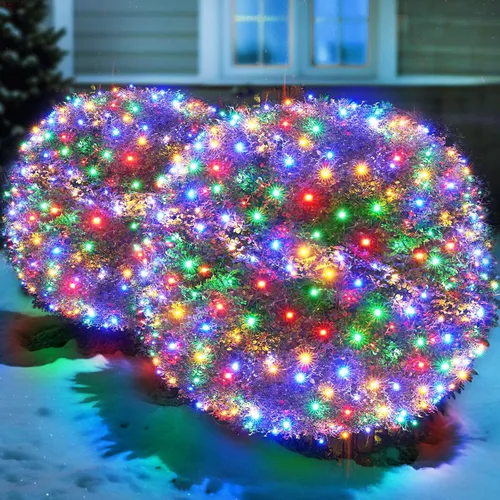 Miniatura 9 de Red de luces LED verdes de Navidad para exteriores, 120 LED de 6 x 5 pies, tira de luces de malla conectables para exteriores e interiores
