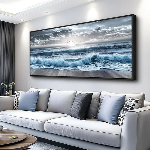 Miniatura 15 de ERQINHUA Gran decoración de pared para sala de estar, arte de pared en lienzo para restaurante, decoraciones para oficina, pinturas de mar azul