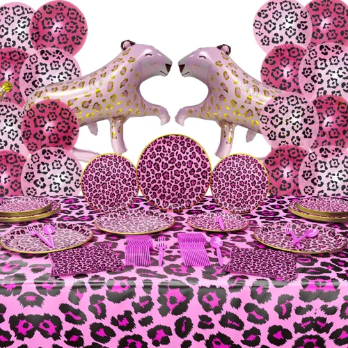 Paquete de suministros de fiesta de lujo de leopardo rosa (124 piezas para 16 invitados), decoraciones de fiesta de guepardo, dos cumpleaños