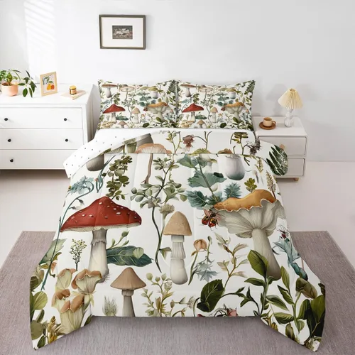 Miniatura 16 de Feelyou Lindo juego de ropa de cama de hongos kawaii tamaño individual para niños y niñas, decoración de hongos salvajes, juego de edredón
