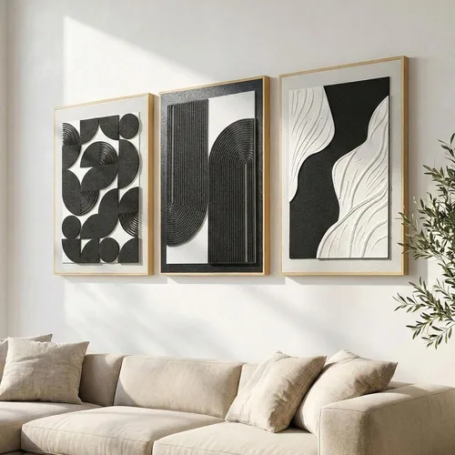 Miniatura 11 de Arte de pared abstracto texturizado 3D para dormitorio, 3 piezas de escultura moderna con marco neutro, pinturas cubistas geométricas de tono tierra