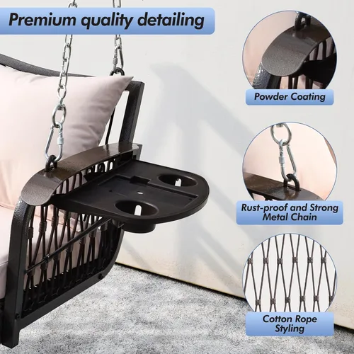 Miniatura 5 de ZZW Columpio de mimbre para porche, resistente, 900 libras, 3 asientos, silla columpio para patio al aire libre con cojines y cadenas de 8.9 pies