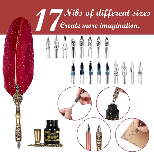 Miniatura 3 de Juego de Pluma y Tinta, Juego de Tinta de Pluma de Pluma Incluye Pluma de Pluma y pluma de inmersión de madera, Tinta, 17 Puntas de Repuesto, Base