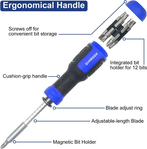 Miniatura 3 de SHARDEN Destornillador Multibit 13 en 1 - Juego de Destornilladores con Extensión Ajustable, Multiherramienta Todo en Uno con Torx de Seguridad, Azul