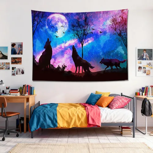 Miniatura 3 de HVEST Tapiz de lobo púrpura azul psicodélico cielo estrellado tapices luna y montañas paisaje natural para colgar en la pared para dormitorio, sala