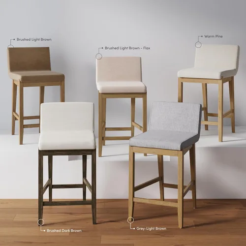 Miniatura 10 de Nathan James - Gracie - Moderno taburete alto con respaldo, silla alta tapizada con lino texturizado natural y patas de madera cepillada - Marrón