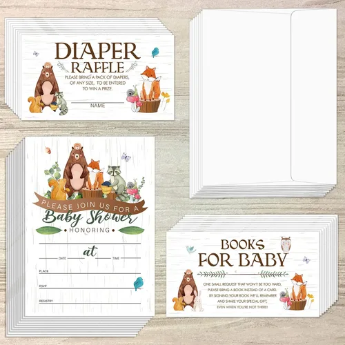 Containlol Juegos de 28 invitaciones para baby shower de animales del bosque, boletos para rifas de pañales, tarjetas de solicitud de libro de baby