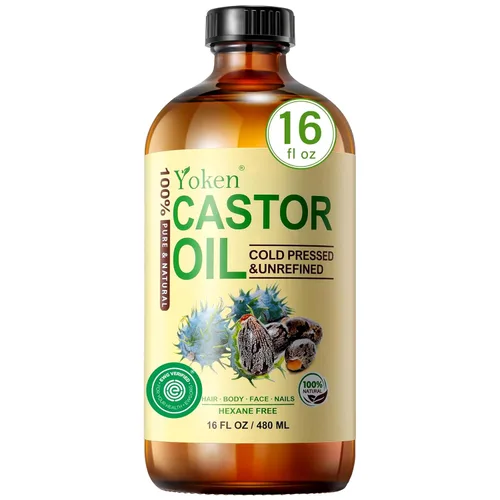 Yoken EWG - Aceite de ricino orgánico verificado, botella de vidrio de 16 onzas líquidas, 100% aceite de ricino natural puro prensado en frío para