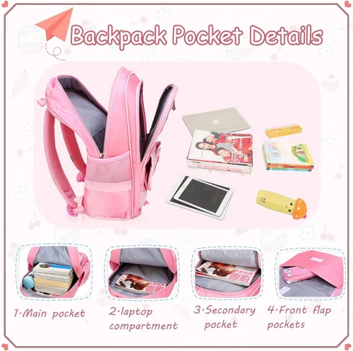 Miniatura 5 de Juego de 2 mochilas escolares con lazos para niñas y estudiantes, diseño de princesa para escuela primaria, 2pcs Negro-s, 2Pcs BagSet S