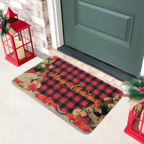 Felpudo Rojo de Búfalo a Cuadros Feliz Navidad Decorativo 30"x17", Felpudo de Árbol de Navidad de Temporada Antideslizante Lavable de Bajo Perfil