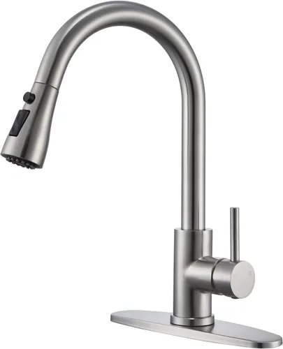 Grifo de cocina de níquel cepillado con rociador extraíble, grifo clásico de arco alto de un solo mango con rociador extraíble, adecuado para