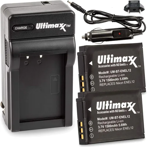 Ultimaxx Cargador de viaje rápido y 2 baterías EN-EL12 (1500 mAh) para Nikon COOLPIX A1000 B600 W300 A900 AW100 AW110 AW120 AW130 S6300 S8100 S8200