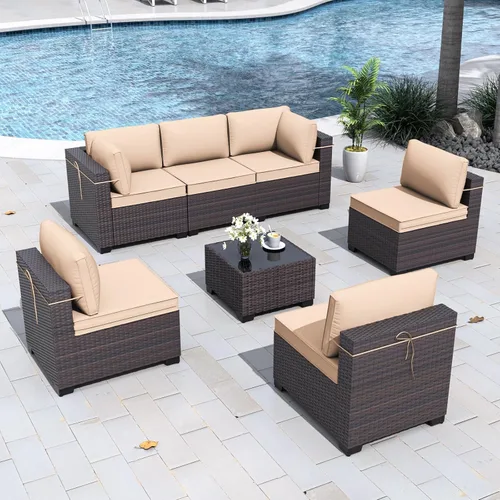 Miniatura 11 de Gotland Juego de muebles de patio de 8 piezas con mesa con fogón, muebles de ratán para exteriores para todo tipo de clima con respaldo alto de 2