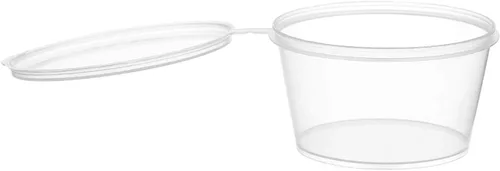 EcoQuality [Paquete de 150 recipientes de plástico a prueba de fugas de 2 onzas con tapas adjuntas, taza de porción con tapa con bisagras, perfecto