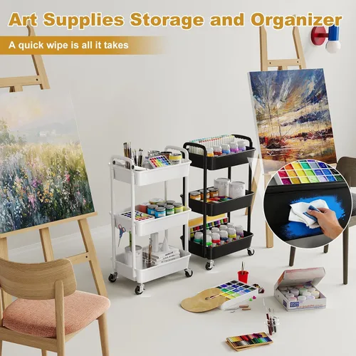 Miniatura 7 de Carrito rodante de 3 niveles con ruedas, carrito organizador de estantes de plástico negro de tres niveles con ruedas con cerradura, pequeño carrito