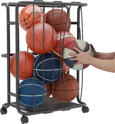 Estante de almacenamiento grande para pelotas de garaje con ruedas, con asa, para baloncesto, fútbol, voleibol, garaje, gimnasio, color negro