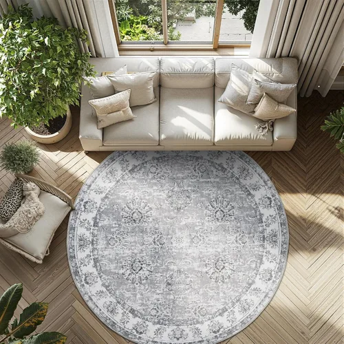 Miniatura 52 de Jinchan Fiora - Alfombra redonda de 8 pies, alfombras vintage con diseño floral envejecido, lavable a máquina, antideslizante, de pelo bajo, Azul