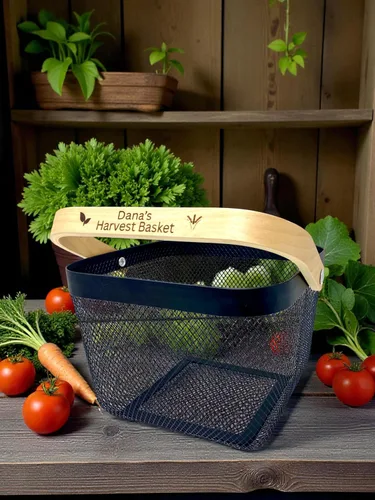 Miniatura 6 de Cesta de cosecha de malla personalizada con mango grabado personalizado, regalo para jardineros, cesta de cosecha vegetal, herramientas