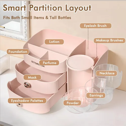 Miniatura 3 de XIAPIA Organizador de maquillaje para encimera, organizador de maquillaje para tocador, cuidado de la piel y organizadores de cosméticos con Rosa