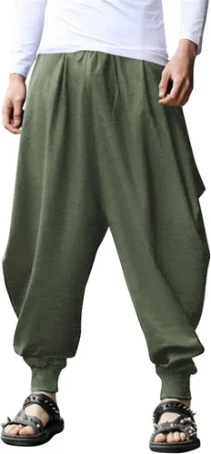COOFANDY Pantalones de harén hippie para hombre, holgados, de lino, bohemio, para yoga, casual, con entrepierna caída, pantalones