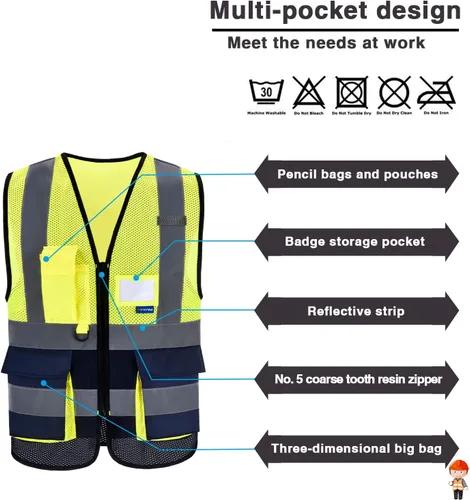 Miniatura 4 de A-SAFETY Chaleco de seguridad de alta visibilidad con 4 tiras reflectantes y 7 bolsillos, color amarillo y azul marino, talla XS