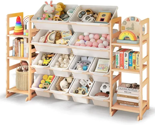 Miniatura 8 de Organizador de almacenamiento de juguetes de madera con 6 estantes y 12 contenedores, organizador de juguetes para niños, estante de juguetes