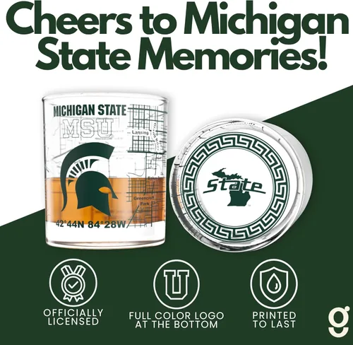 Miniatura 6 de Greenline Goods – Vasos de Whiskey de la Universidad Estatal de Michigan Spartans (Set de 2), 10 oz – Logo de Color Completo + Mapa del Campus