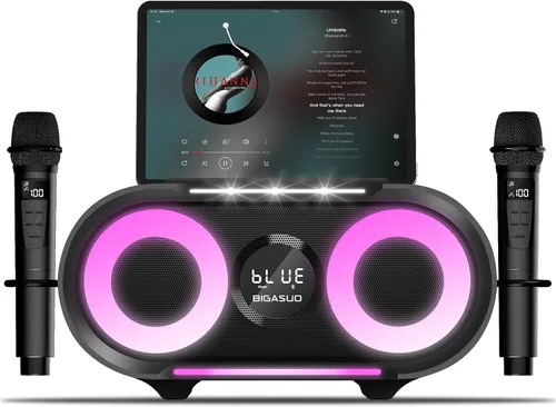 BIGASUO Máquina de karaoke con luces intermitentes explosivas de graves intensos para adultos, sistema de altavoces PA portátil Bluetooth con 2