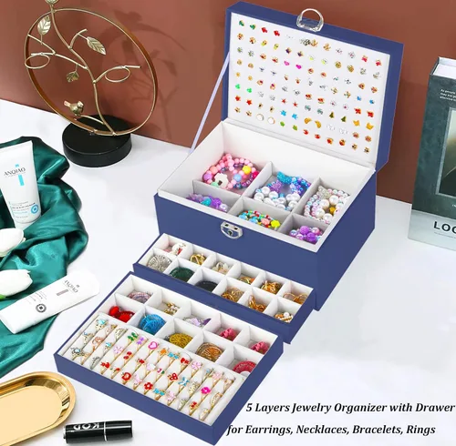 Miniatura 89 de Joyero de pendientes para mujeres y niñas, organizador de aretes de 5 capas, caja organizadora de joyas blanca con candado, collares y aretes