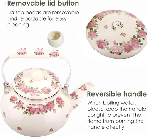 Miniatura 5 de Tetera para estufa, tetera esmaltada grande de porcelana, 2.5 L, tetera colorida de cerámica floral para estufa, diseño clásico retro