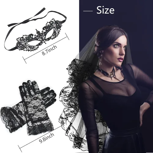 Miniatura 2 de Velo de encaje negro de Halloween, velo de boda con peine guantes de encaje negro y máscara de ojos para mujer, regalo de Halloween, juego