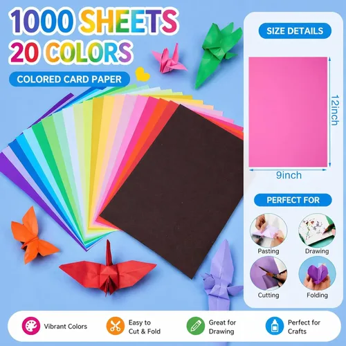Miniatura 2 de Henoyso 1000 hojas de papel de construcción a granel, 9 x 12 pulgadas, papel ligero de colores surtidos para niños, profesores, suministros Varios