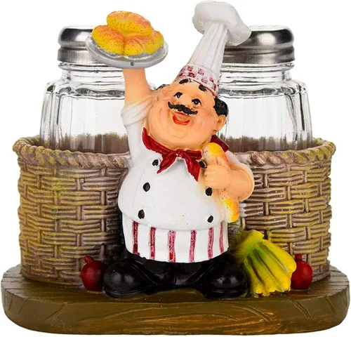 Miniatura 10 de Juego de saleros y pimenteros, estatua decorativa de chef sentado, organizador de especias, tarros de especias de vidrio con soporte, figura