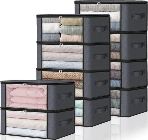 Miniatura 32 de HomeHacks Paquete de 3 bolsas organizadoras de ropa, caja de almacenamiento plegable con gran ventana transparente y asas resistentes para armario