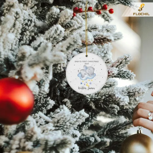 Miniatura 4 de FLOCHIL Adorno Personalizado de Primera Navidad del Bebé 2024 Niño, Adorno Colgante de Elefante de Porcelana Elefante 2