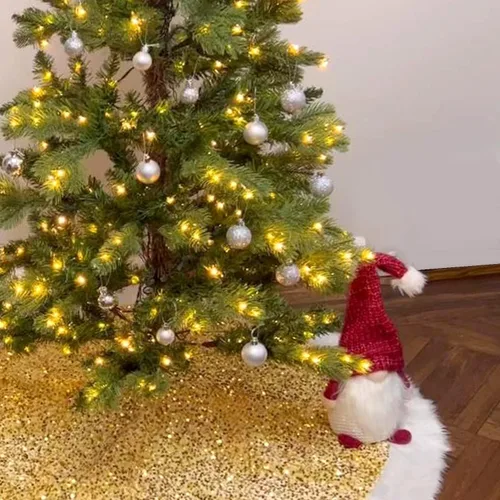 Falda de árbol de Navidad de 48 pulgadas, lentejuelas doradas brillantes y relucientes con piel sintética, alfombra de árbol de felpa para árbol de