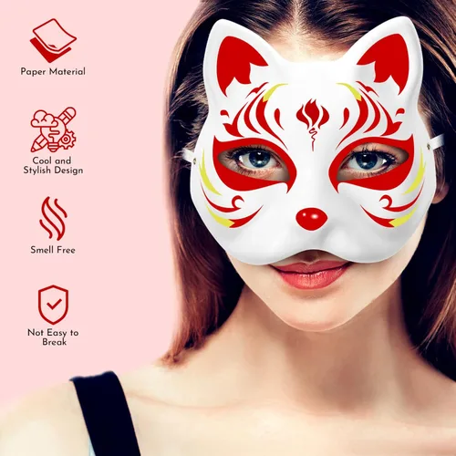 Miniatura 8 de Therian - Juego de máscaras de gato de papel blanco pintado a mano en blanco para bricolaje, tu propio cosplay, zorro y gato, animales, accesorios