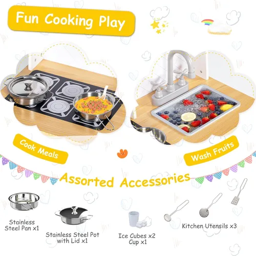 Miniatura 6 de Juego de cocina, cocina de madera para niños pequeños con grifo, fregadero, máquina de hielo, juguetes de cocina, alturas ajustables, estufa, cocina