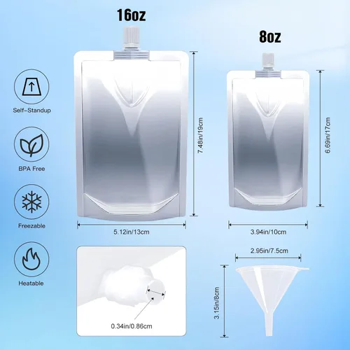 Miniatura 2 de 100 bolsas de bebida de 8 onzas, botella de plástico reutilizable con embudo para beber jugo de bebidas líquidas, bolsas de bebidas de pie para 8OZ