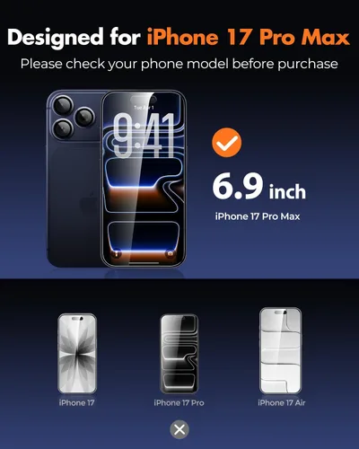 Miniatura 2 de UNBREAKcable Paquete de 3 protectores de pantalla para iPhone 17 Pro Max con protección de cámara, dureza 9H, claridad HD, antihuellas, compatible