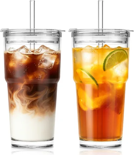Miniatura 15 de SoulTimes Vaso de vidrio de flor de begonia de 20 onzas con tapas y popotes, 2 tazas de vidrio para café helado para batidos, matcha, jugo, agua