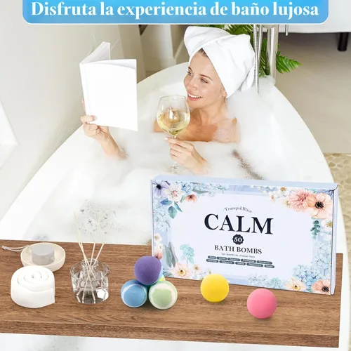 Miniatura 7 de TranquilBliss Juego de 50 bombas de baño con 10 aromas ricos, bombas de baño para mujeres, bombas de burbujas naturales con manteca de karité y Azul