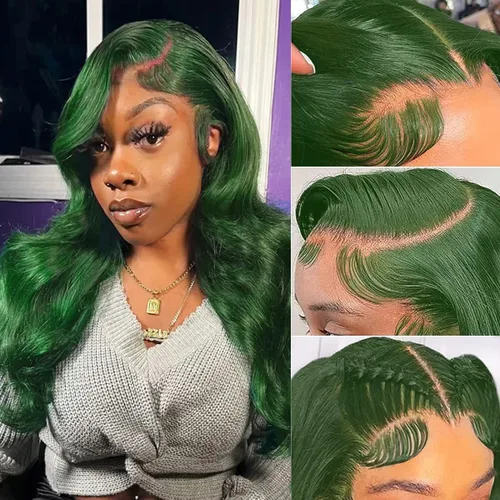 Miniatura 2 de Colorful Bird Pelucas de cabello humano brasileño ondulado con encaje frontal de 13 x 4 HD, predepilada con abuelitos, color verde oscuro, pelucas