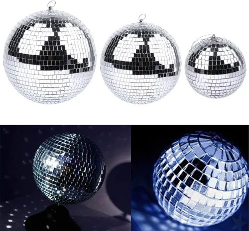 Miniatura 6 de Boshen Bola de espejo de discoteca de 8 pulgadas con anillo para colgar, luz de bola de discoteca plateada para fiesta, Navidad, DJ, escenario